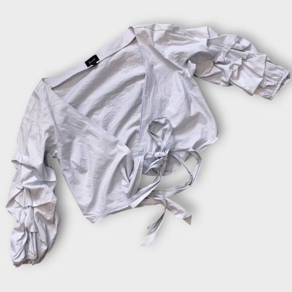 Bardot Womens Wrap Sz 6 Ruched 3/4 Sleeve Tie Crossover Top‎ Cropped Retroglam - Picture 2 of 9